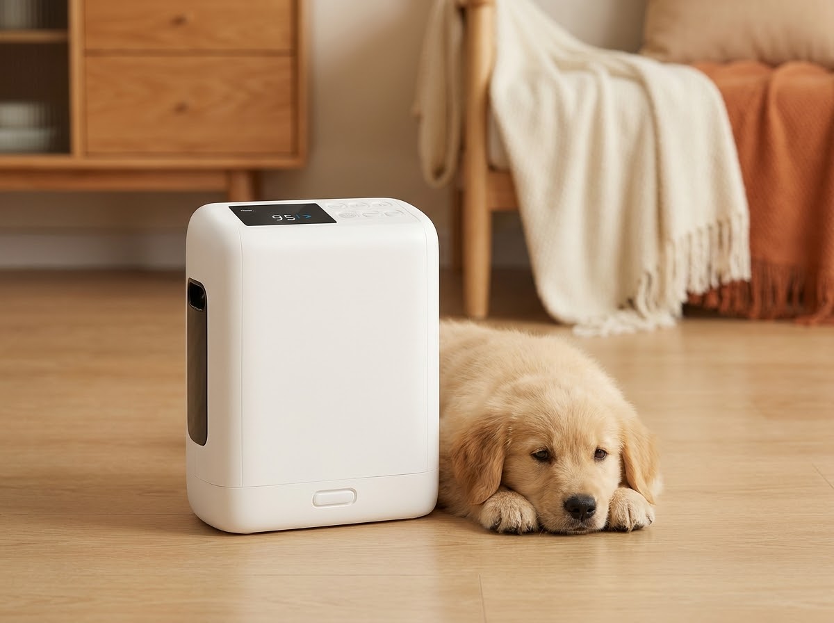 Cachorro descansando junto a concentrador de oxígeno OxigenoPet